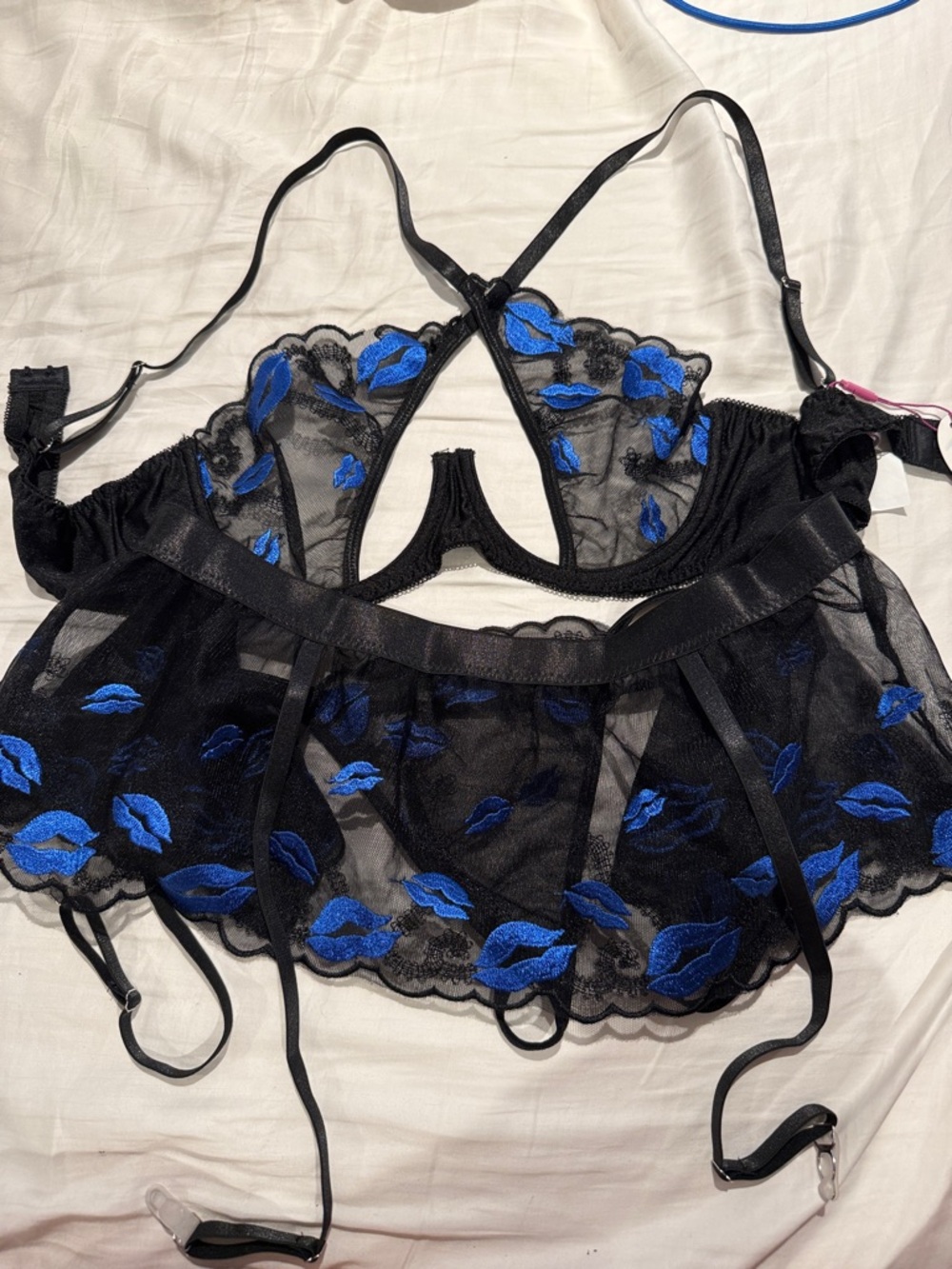 Black Sheer Lace Garter Set with Blue Lip Embroidery
